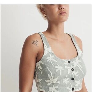 Madewell Crop Top Tank Green Palm Tree Square Neck Jacquard